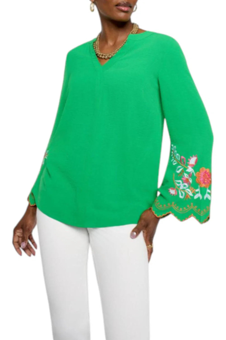 Nina Leonard Women's Textured Wave Knit Embroidered Bell-Slv Top Green - Regular